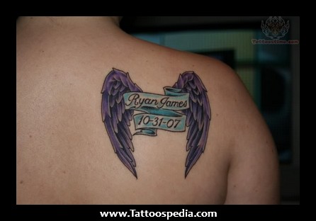 Purple Angel Wings Memorial Tattoo On Right Back Shoulder