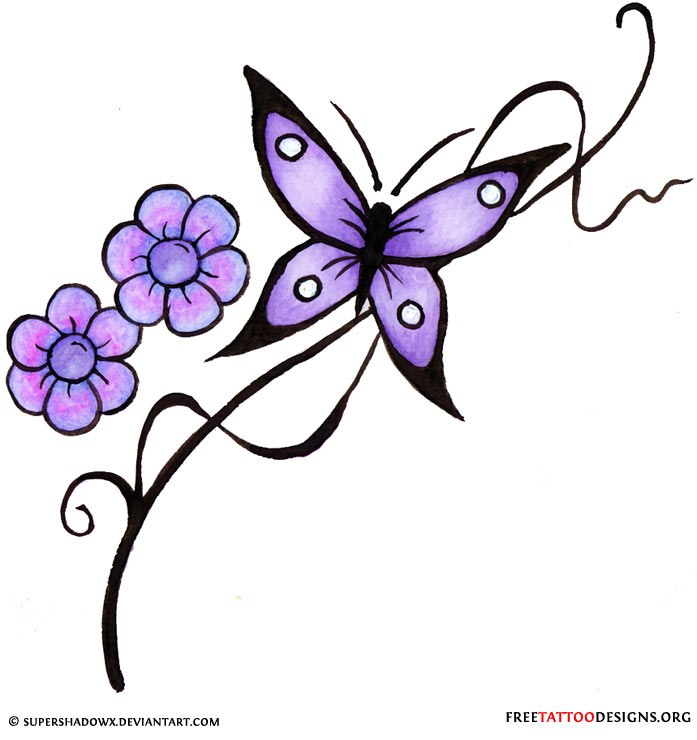 Purple Butterfly And Flowers Tattoo Design