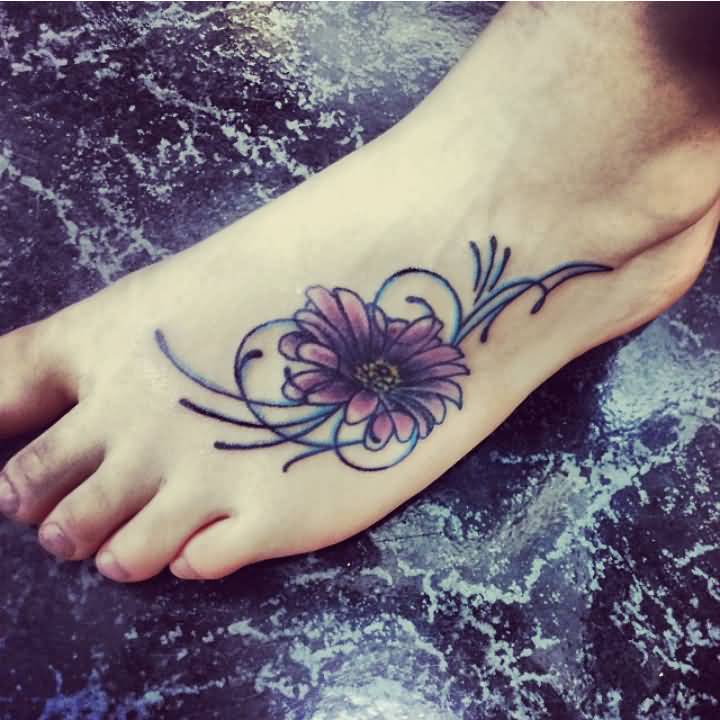 Purple Daisy Flower Left Foot Tattoo