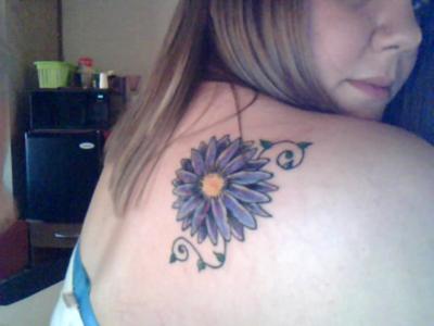 Purple Daisy Tattoo On Right Shoulder Back