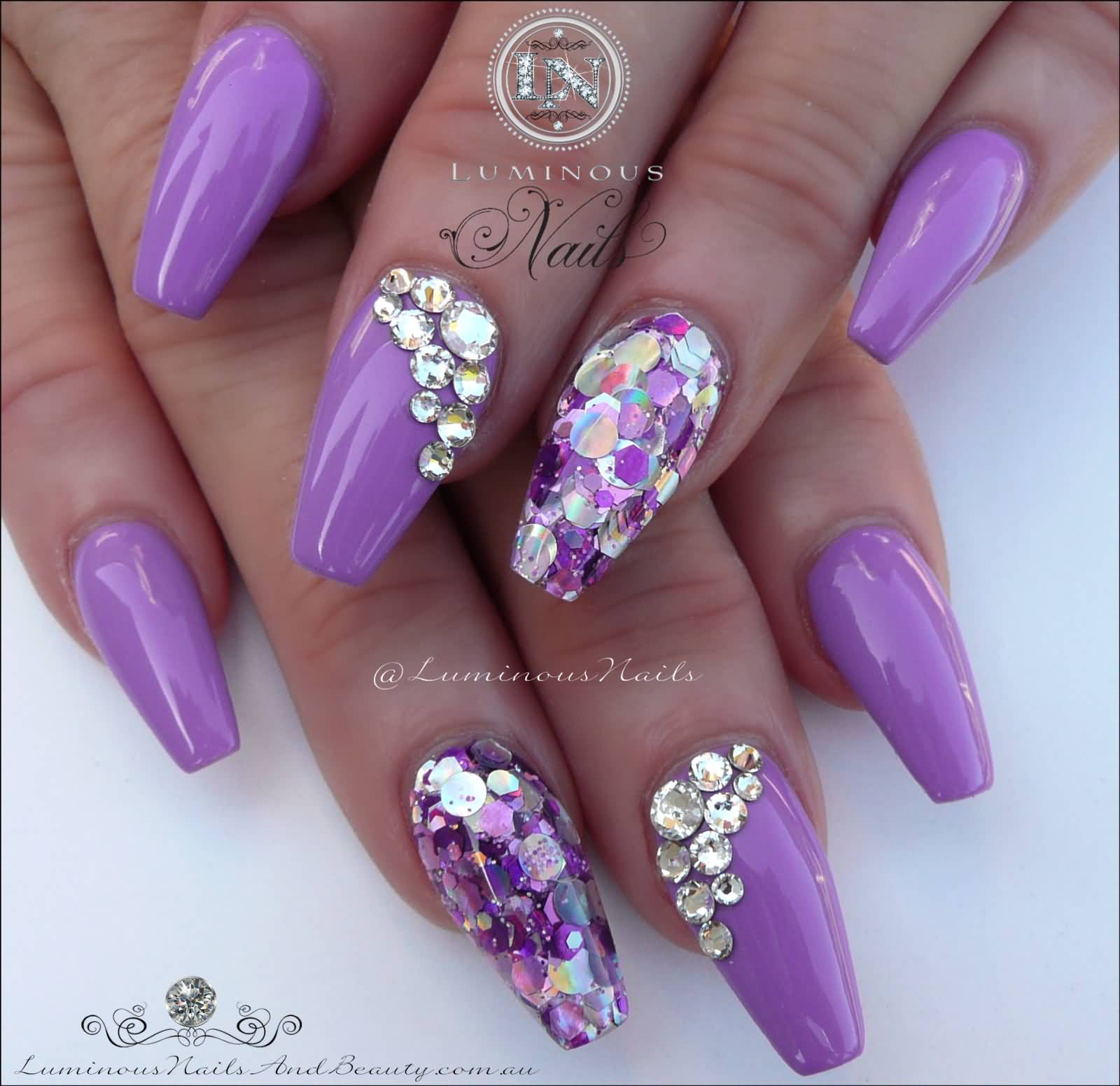 Purple Gel Coffin Nail And Glitter Design
