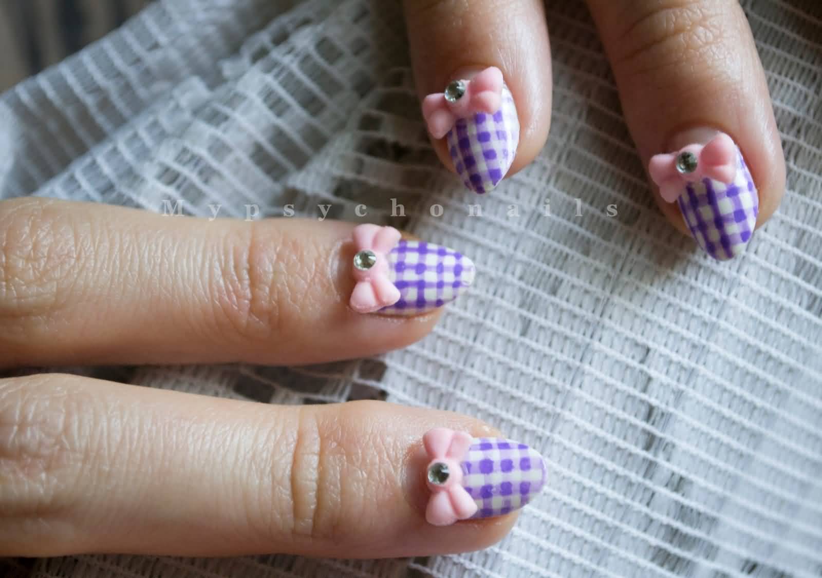 Purple Gingham Nail Art With 3D Pink Bow Nail Art