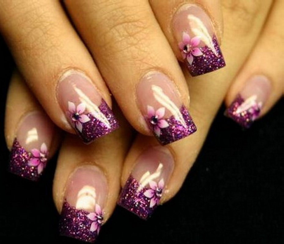 Purple Glitter Gel Nails With Flowers Design Idea