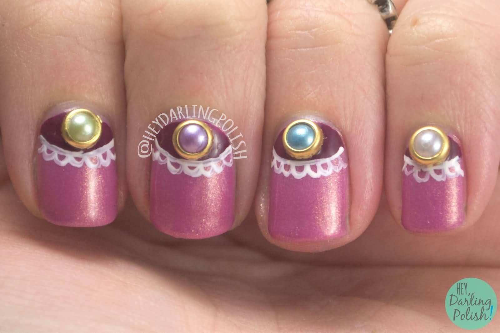 Purple Halfmoon With Pearls Design Nail Art
