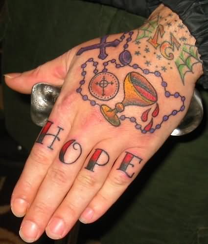 Purple Rosary Hope Tattoo On Hand