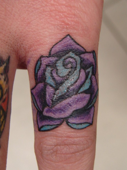 Purple Rose Flower Tattoo On Finger