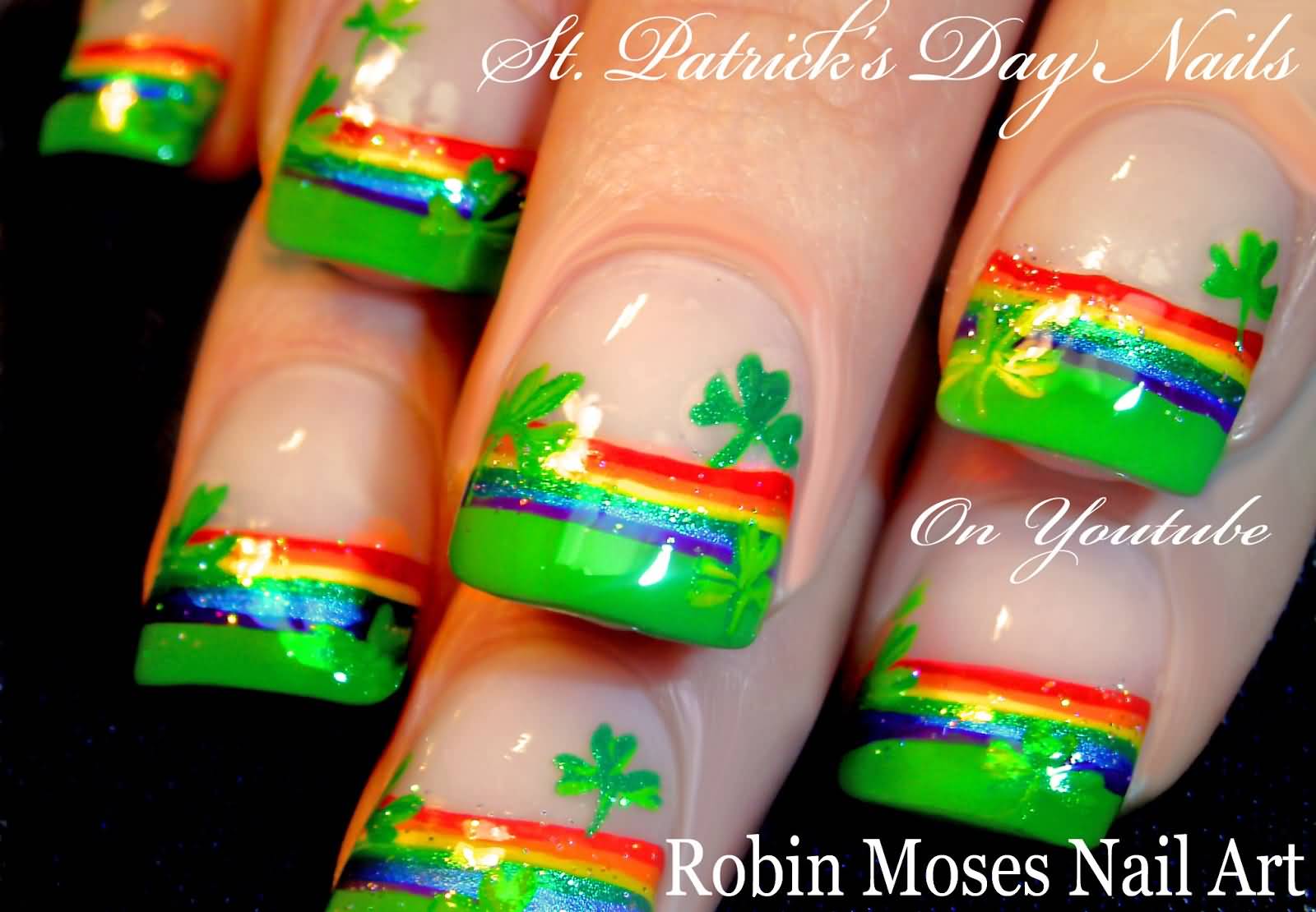 Rainbow Color With Green Shamrock Leafs Saint Patrick's Day Nail Art
