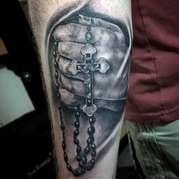 Realistic 3D Hands Holding Rosary Tattoo On Arm For Men