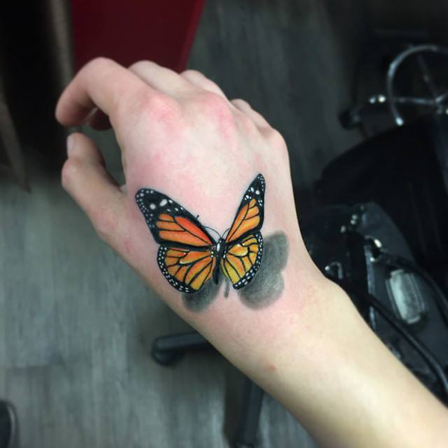 Realistic 3D Monarch Butterfly Tattoo On Hand