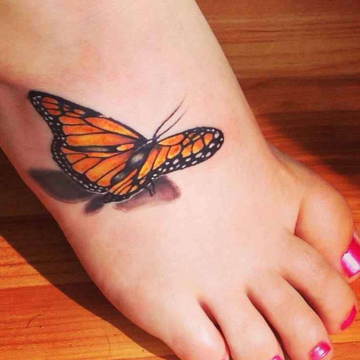 Realistic 3d Black And Orange Butterfly Tattoo On Foot For Girls