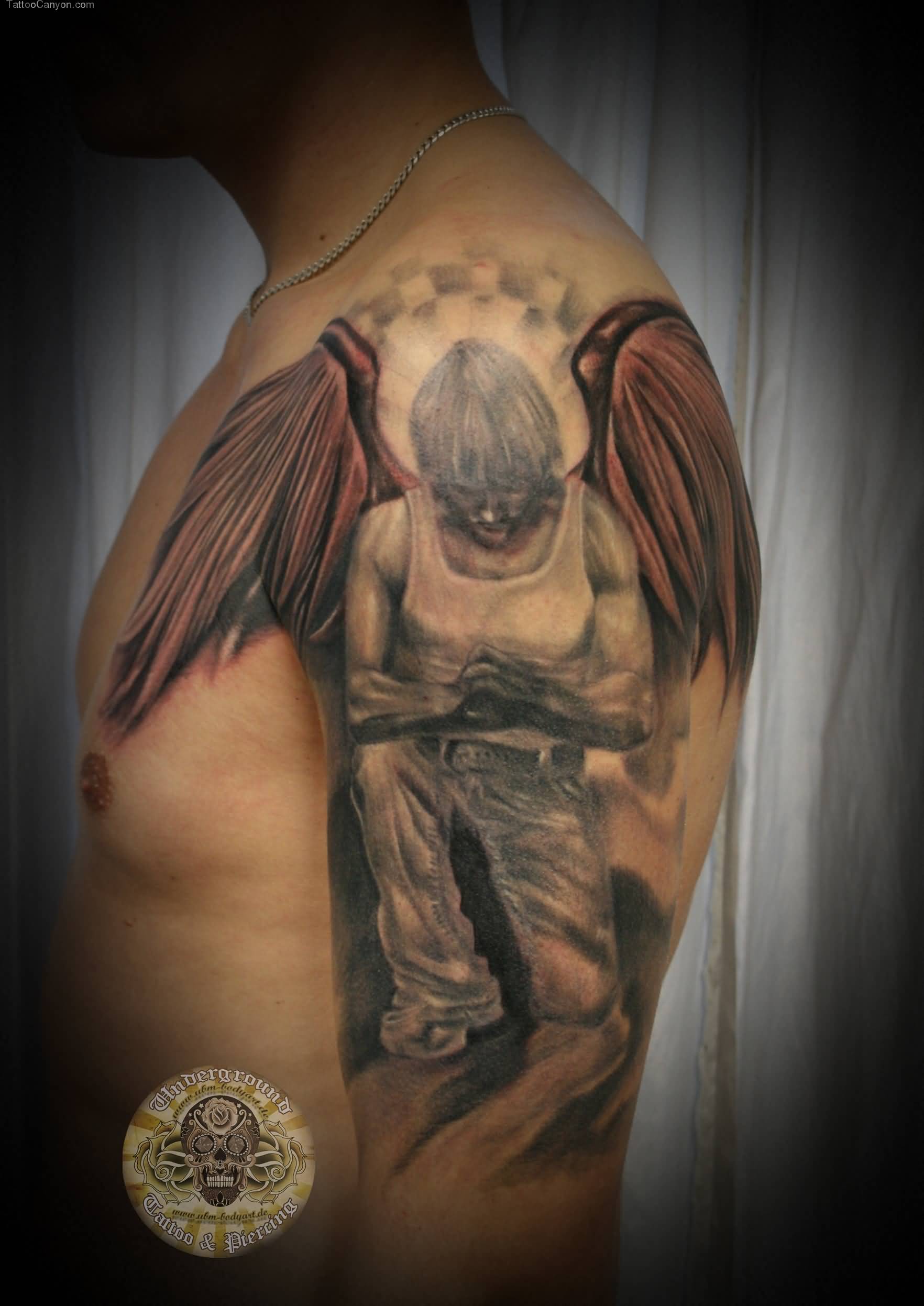 Realistic Angel Man Tattoo On Shoulder And Sleeve