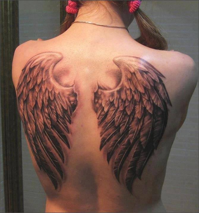 Realistic Angel Wings Tattoo On Back Body