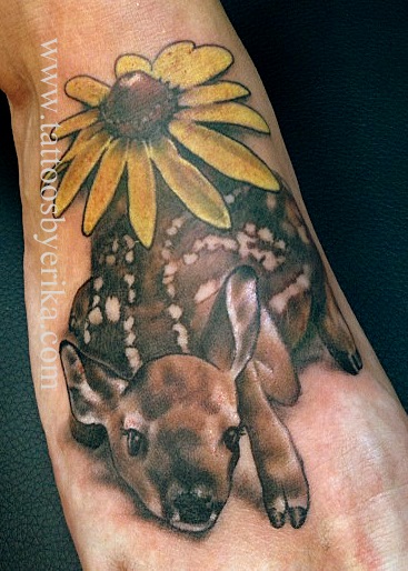 Realistic Baby Deer And Sunflower Tattoo On Foot