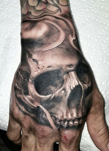 Realistic Black And Grey Skull Hand Tattoo By Darwin Enriquez