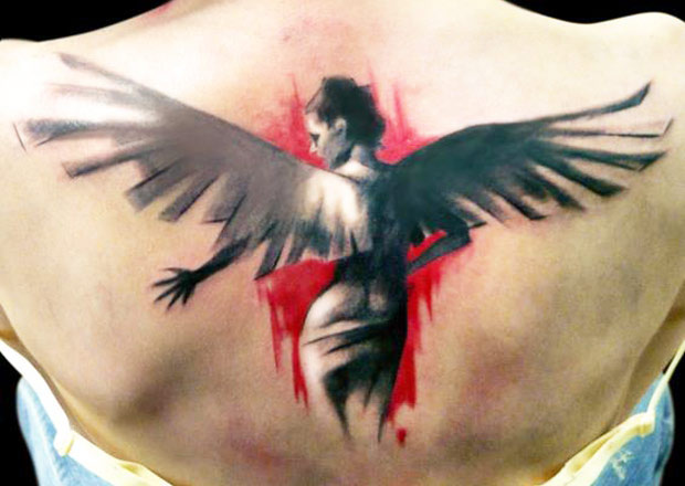 Realistic Black And Red Angel Tattoo On Back By Adam Kremer