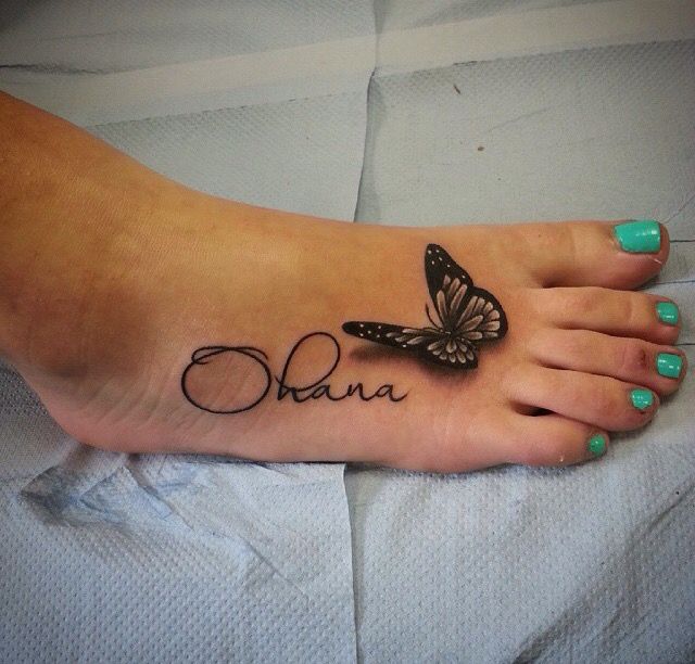 Realistic Black Ohana Butterfly Tattoo On Foot