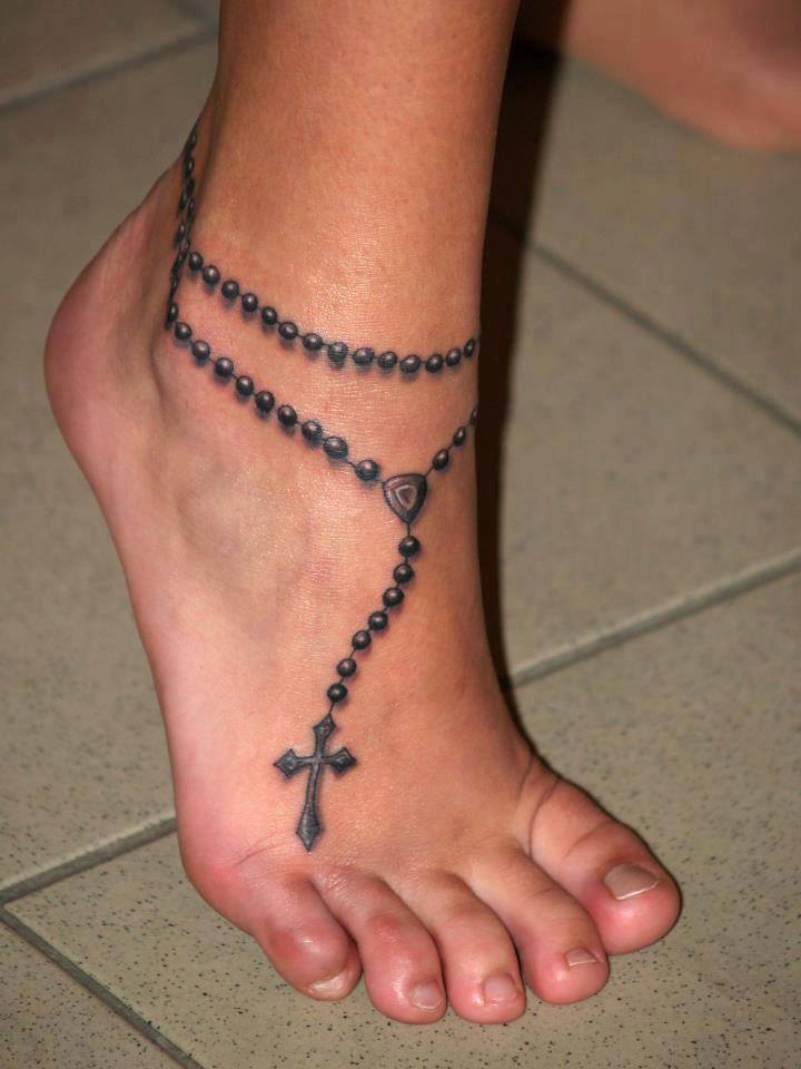 Realistic Black Rosary Ankle Bracelet Tattoo