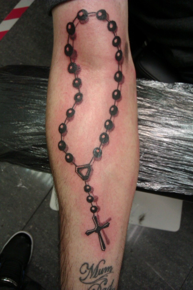 Realistic Black Rosary Forearm Tattoo