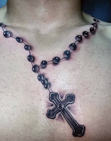 Realistic Black Rosary Tattoo Around Neck