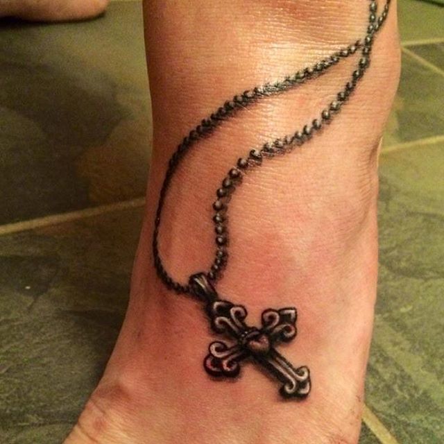 Realistic Black Rosary Tattoo On Foot And Ankle