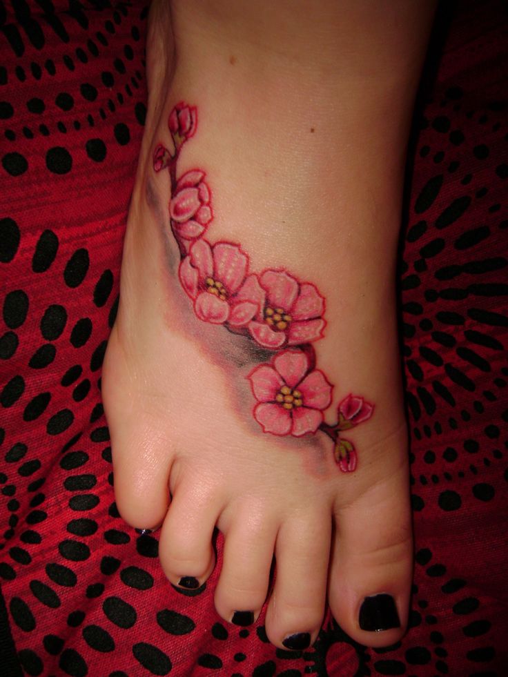 Realistic Cherry Blossom Flowers Tattoo On Foot For Girls