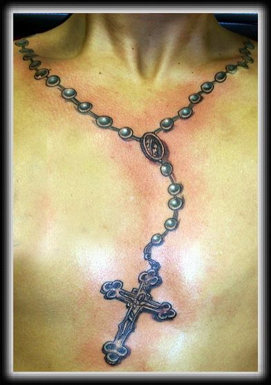 Realistic Color Holy Rosary Tattoo On Chest
