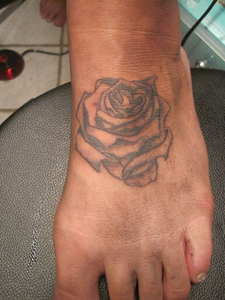 Realistic Color Rose Tattoo On Foot