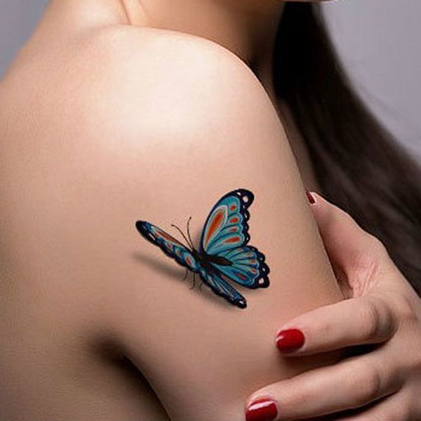Realistic Colorful 3D Butterfly Tattoo On Right Shoulder For Girls