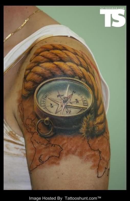 Realistic Compass And Rope Tattoo On Left Shoulder
