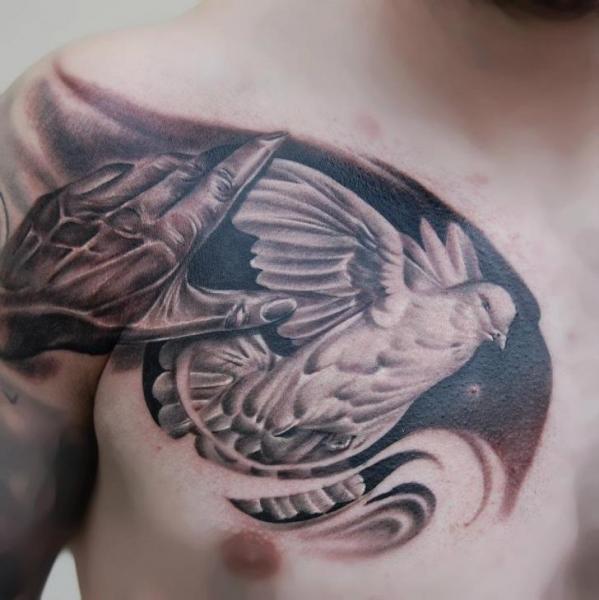 Realistic Dove Tattoo On Front Shoulder