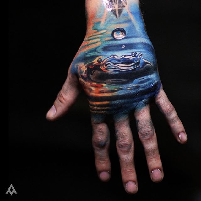 Realistic Drop In Water Hand Tattoo For Men