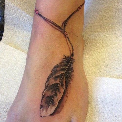 Realistic Grey Feather Ankle Bracelet Tattoo