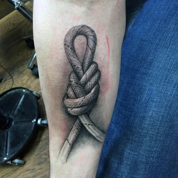 Realistic Grey Rope Knot Tattoo On Forearm