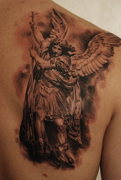 Realistic Guardian Angel Statue Tattoo On Right Back Shoulder