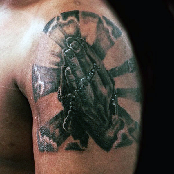 Realistic Hands With Rosary Tattoo On Left Shoulder For Men