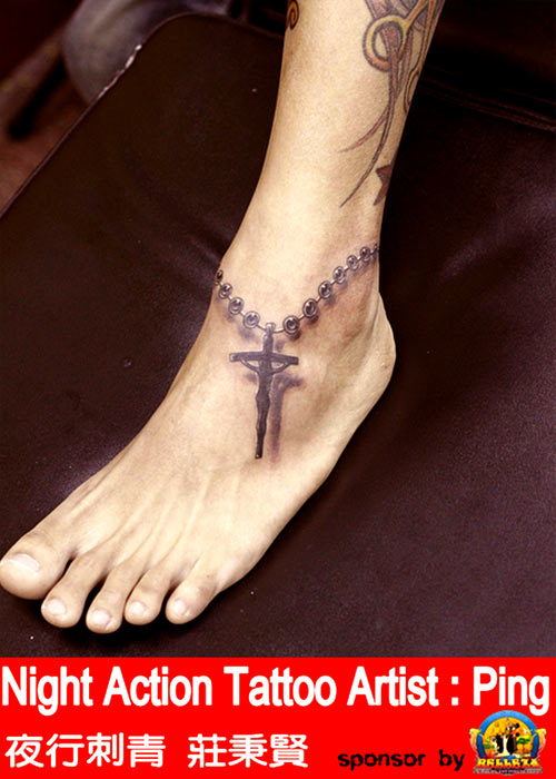 Realistic Holy Rosary Tattoo On Foot