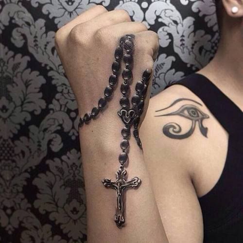 Realistic Holy Rosary Tattoo On Hand For Girls