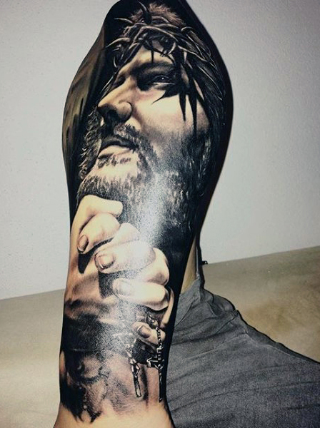 Realistic Jesus Christian Arm Sleeve Tattoo For Men