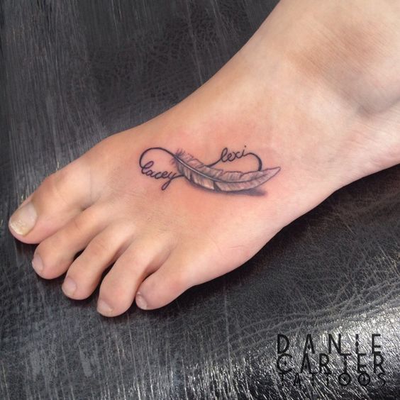 Realistic Lettering Feather Infinity Tattoo On Foot