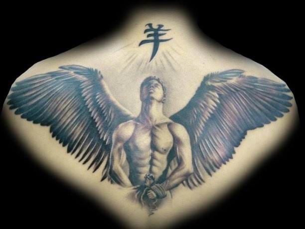 Realistic Man Angel Tattoo On Upper Back