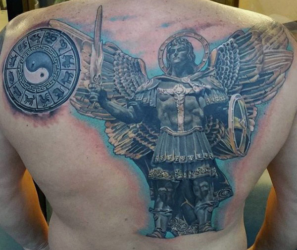Realistic Roman Era Guardian Angel Statue Tattoo On Back