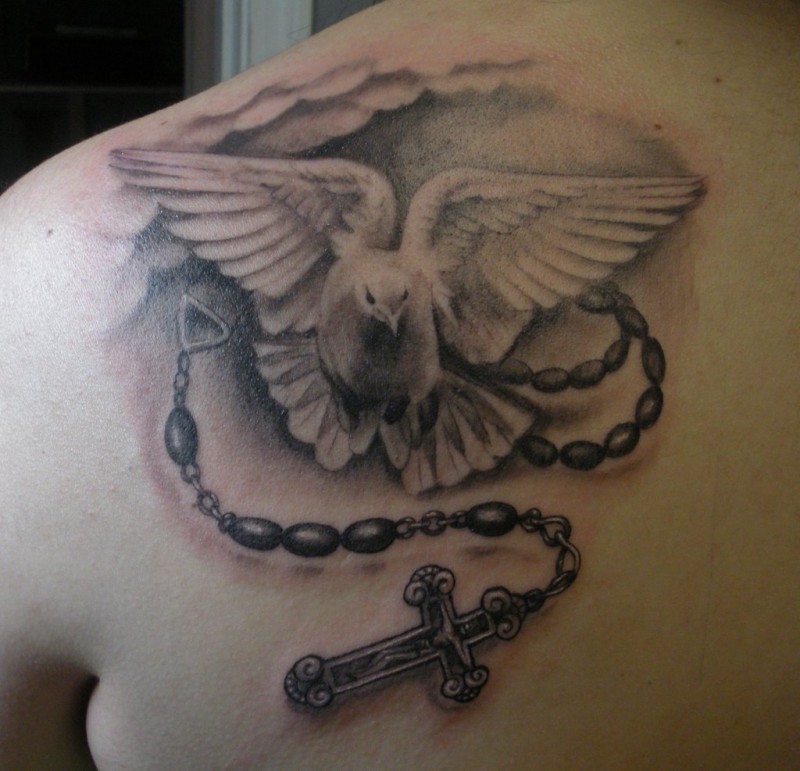 Realistic Rosary Cross And Flying Dove Tattoo On Left Back Shoulder