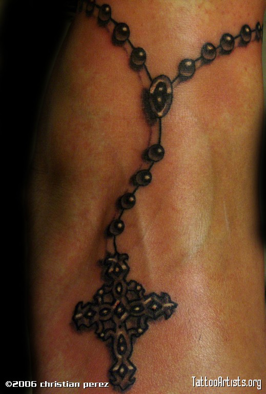 Realistic Rosary On Foot And Ankle Tattoo
