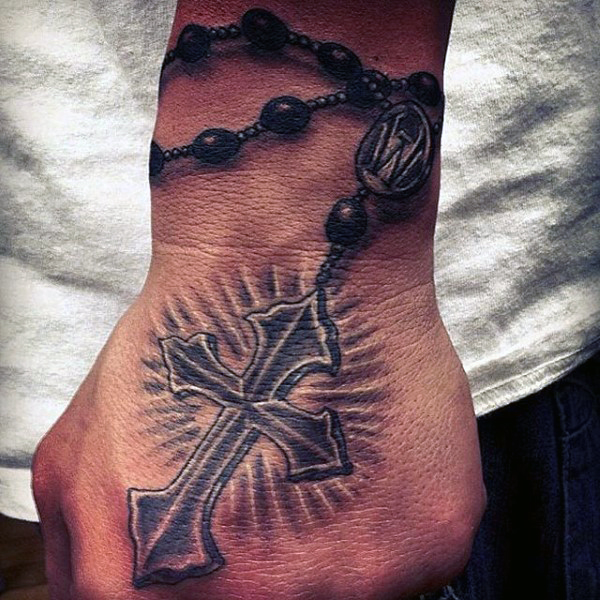 Realistic Shining Rosary Tattoo On Hand
