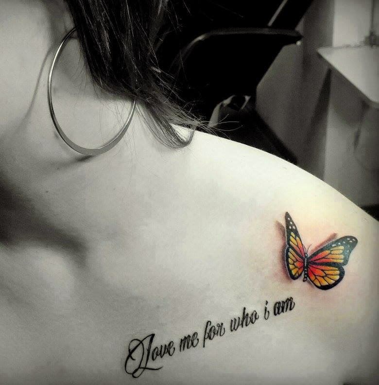 Realistic Small Butterfly Wording Tattoo On Collarbone For Girls