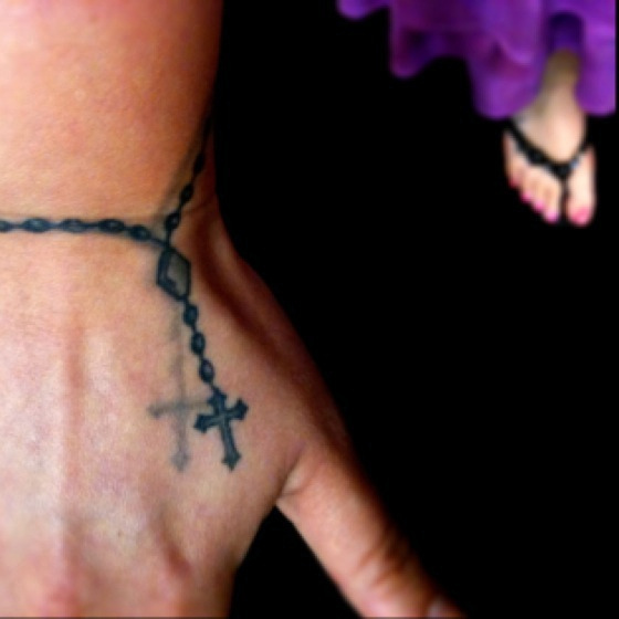 Realistic Small Cross Rosary Tattoo On Hand