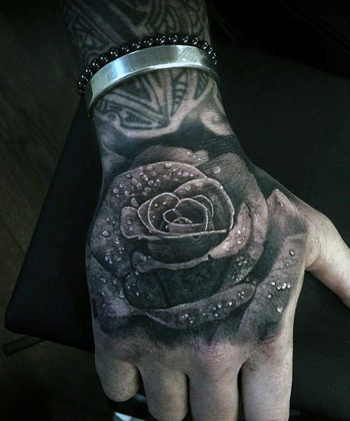 Realistic Water Drops On Rose Tattoo On Hand For Men
