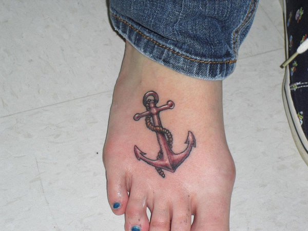 Red Anchor With Rope Foot Tattoo