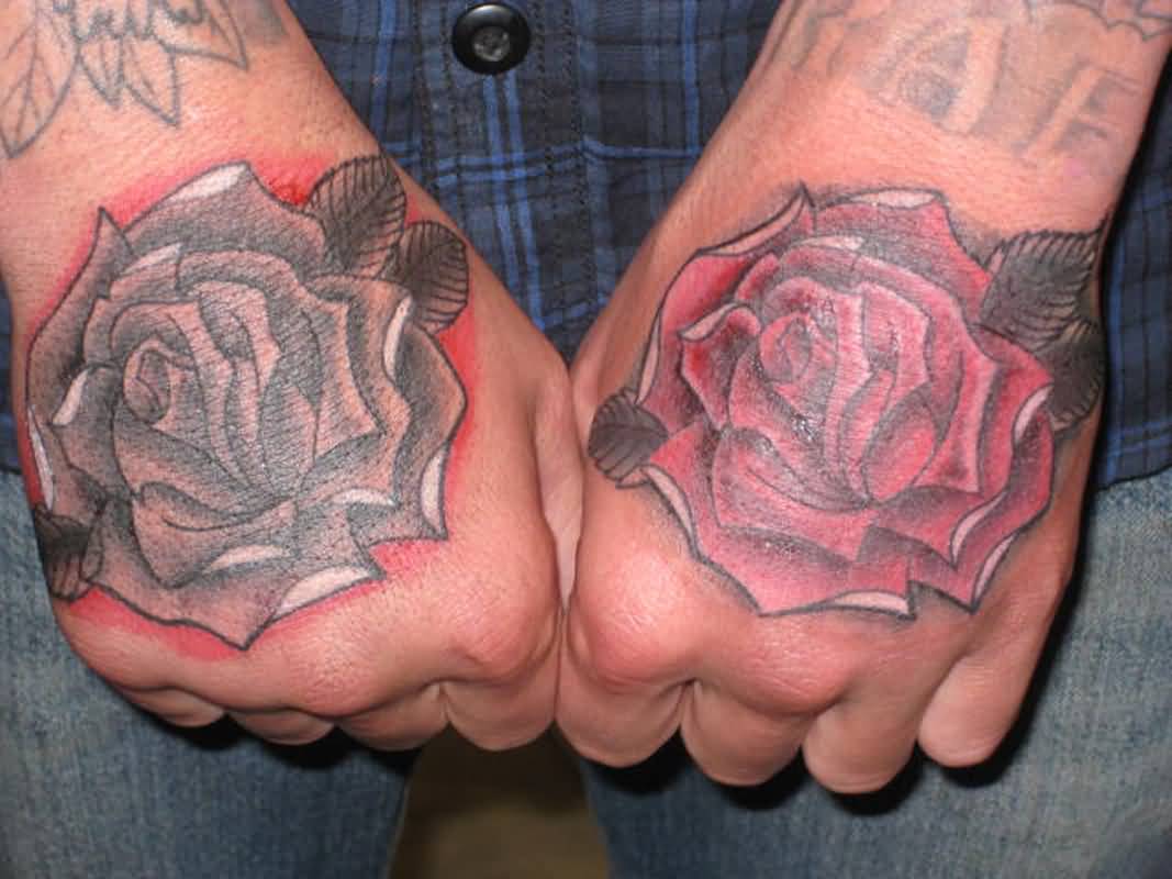 Red And Black Rose Tattoos On Both Hands