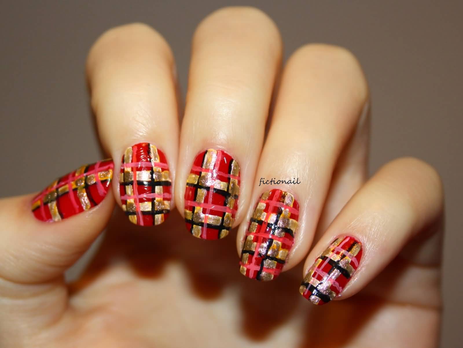 Red And Gold Plaid Nail Art Design